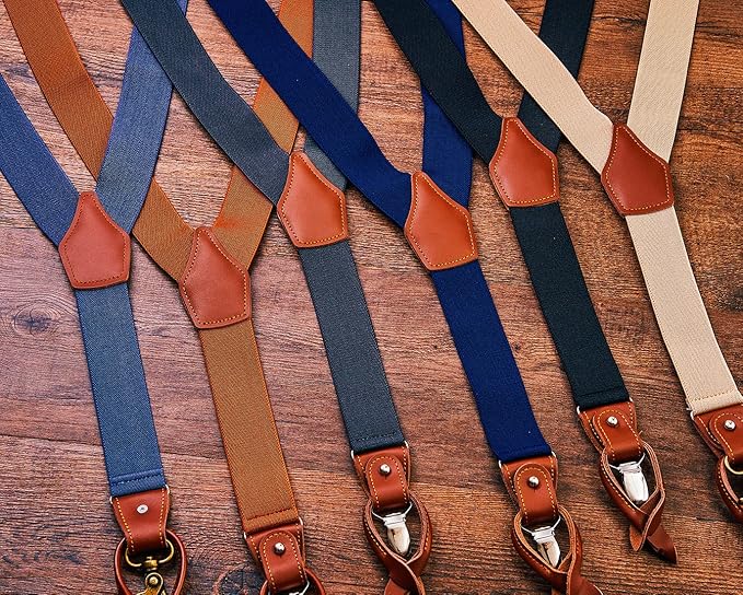 UPSONG Mens Suspenders，Brown Leather Button Tab and Clip Braces Heavy Duty Suspender Wedding Suspenders for Groom Groomsmen