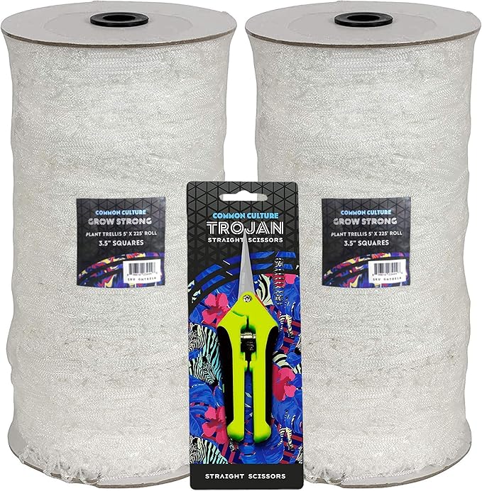 COMMON CULTURE Grow Strong Soft Mesh Nylon Trellis Netting Bulk Rolls - 5 x 225 ft Heavy-Duty Garden Netting for Plants - (Pack of 2 Rolls) + Common Culture Trimming Scissors