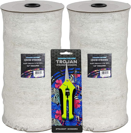 COMMON CULTURE Grow Strong Soft Mesh Nylon Trellis Netting Bulk Rolls - 5 x 225 ft Heavy-Duty Garden Netting for Plants - (Pack of 2 Rolls) + Common Culture Trimming Scissors