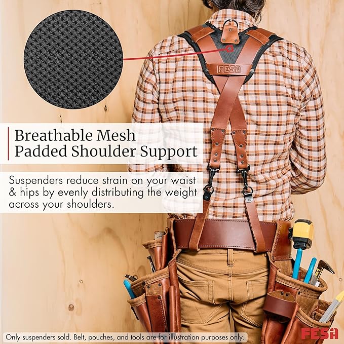 FESA Leather Tool Belt Suspenders for Men with Breathable Mesh Padding, Front Pockets & 4 Loops for Attachment to Work Belts