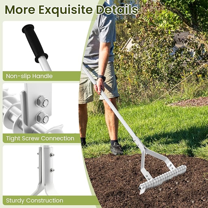 70" Thatch Rake, Lawn Thatching Rake with 20" Wide Adjustable Head, Double Sided Design, 19 Curved Tines & Non-slip Handle, Garden Landscaping Tool Lawn Dethatcher for Yard, Garden & Beach