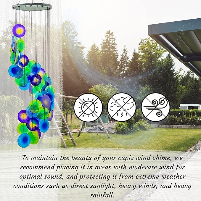 Bellaa 23332 Wind Chimes Capiz Sea Glass Shells Large 27 inch Outside Windchimes Peacock Home Decor Outdoor Garden Patio Yard Lawn Unique Gifts for Mom Grandma Woman Sympathy Memorial Remembrance