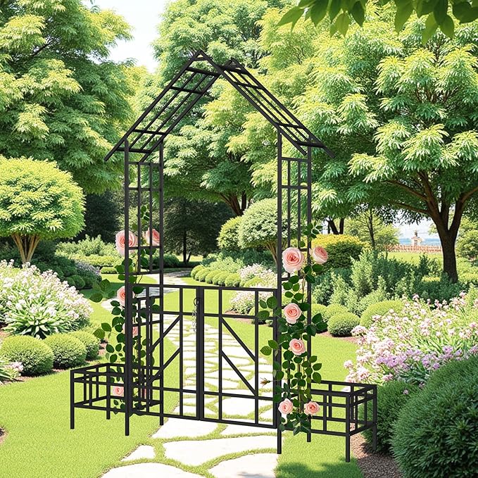 Metal Garden Arbor Arch with Gate and Plant Box, 97“ H Garden Trellis Wedding Arch Party Decoration for Outdoor Lawn Climbing Plants Support Roses Vines (Black Line)