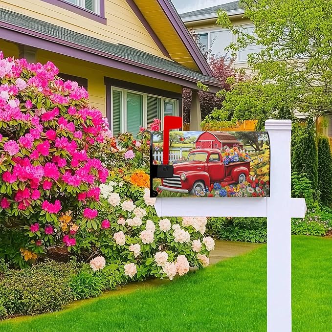 Red Truck Mailbox Cover Summer Mailbox Covers Magnetic Colorful Floral Mail Box Cover Standard Size 21x18 inch Decorations for Outside Garden Farmhouse Spring Butterfly
