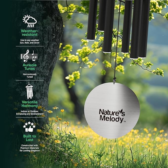Nature’s Melody Aureole Tunes Wind Chimes – Outdoor Windchime with 6 Tubes Tuned to B Pentatonic Scale, 100% Rustproof Aluminum, Powder Finish & S Hook Hanger for Sympathy, Memorial Gift or Zen Garden