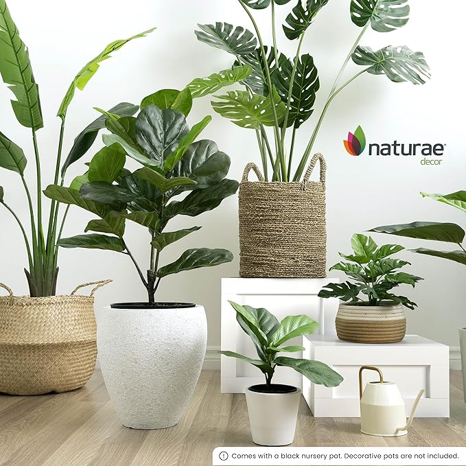 Naturae Decor Artificial Fiddle Leaf Fig Tree - 35-inch Ficus Lyrata Tall Faux Plant in a Black Pot - Realistic, Color Lock, Durable - Indoor or Outdoor Use - Modern Decoration for Home or Office