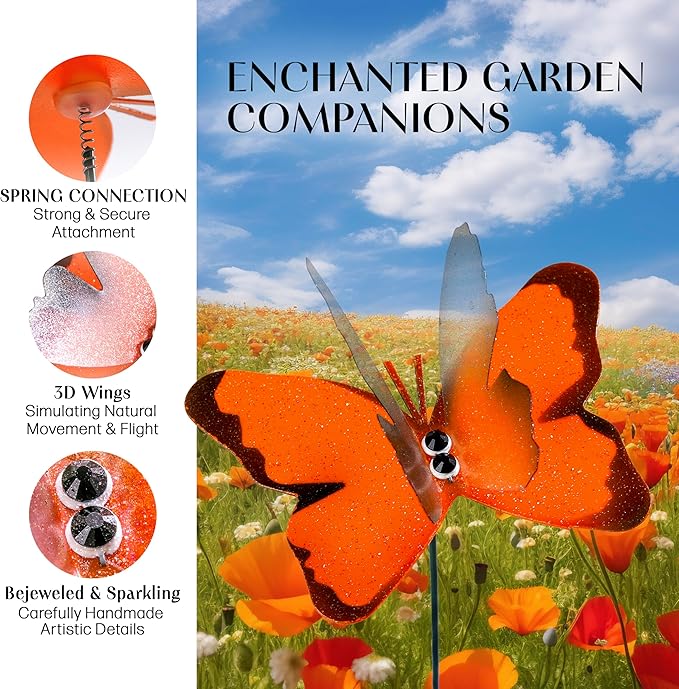 Handmade Orange Butterfly Garden Stakes Set of 7 - Decorative Outdoor & Indoor Plant Decor - Nature Lover Gift Idea by Air Aquarium Kushner