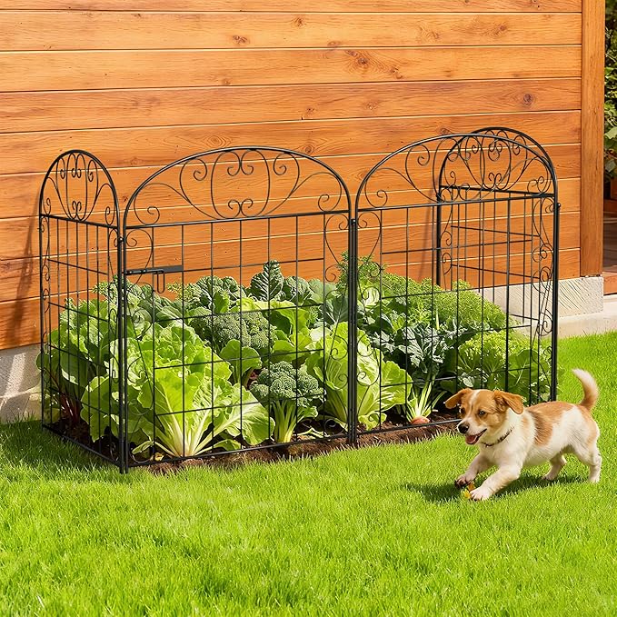 4 Panels Garden Fence Dog Fence Outdoor for Yard with Gate, 30 in(H) x 8.4 ft(L) No Dig Decorative Garden Fencing Animal Barrier, Metal Wire Panel Border for Dogs, Rabbits, Patio, Flower Bed