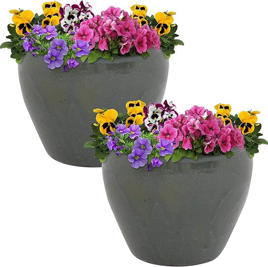 Sunnydaze Round Ceramic Planter - Set of 2 Indoor or Outdoor Plant Pots with Drainage Hole - Chalet - 12" - Gray Glaze