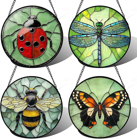 Stained Glass Window Hanging 4 Pcs Set Butterfly Dragonfly Bee Ladybug Large 11.8" - Suncatcher Door Garden Sun Catcher Decor Birthday Mother's Day for Mom Woman Nana Men