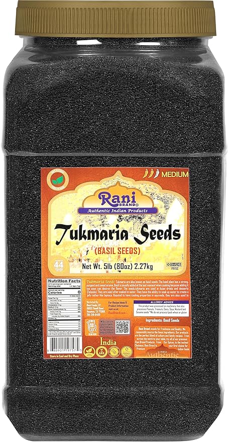 Rani Tukmaria (Holy Basil Seeds) 80oz (5lbs) 2.27kg PET Jar Used for Falooda / Sabja Dessert, Spice & Ayurveda Herbal ~ All Natural | Gluten Friendly | NON-GMO | Kosher | Vegan | Indian Origin