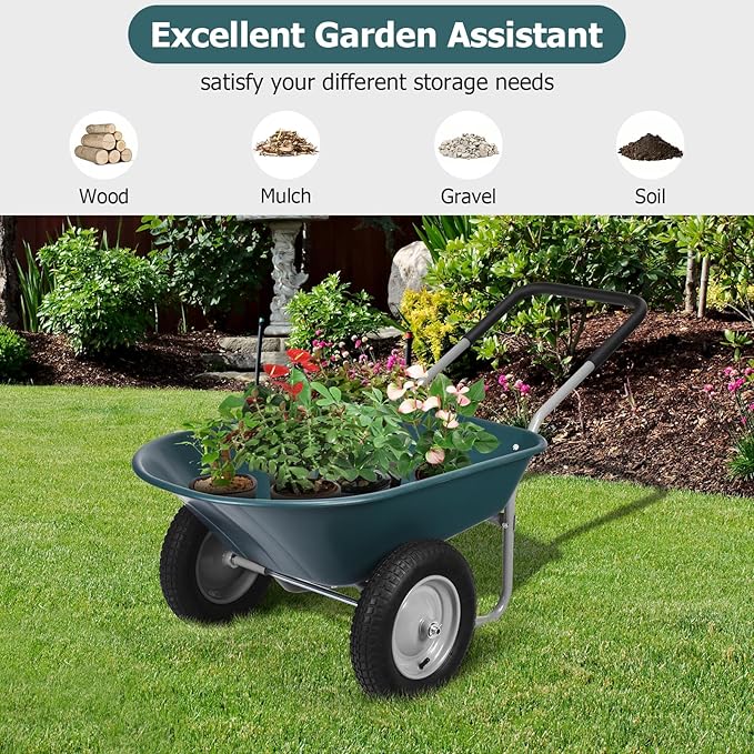 ERGOMASTER Dual-Wheel Wheelbarrow, Home Utility Garden Cart, 330 LBS Capacity, Large Heavy Duty Yard Cart for Gardening & Planting, Lawn, Farm, Construction Site, Green