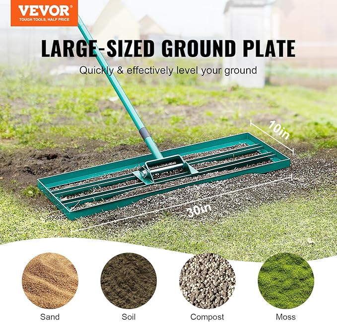VEVOR Lawn Leveling Rake, 30" x10" Level Lawn Tool, Heavy-Duty Lawn Leveler with 78"" Steel Extended Handle, Yard Leveling Rake Suit for Garden, Golf Lawn, Farm, Green