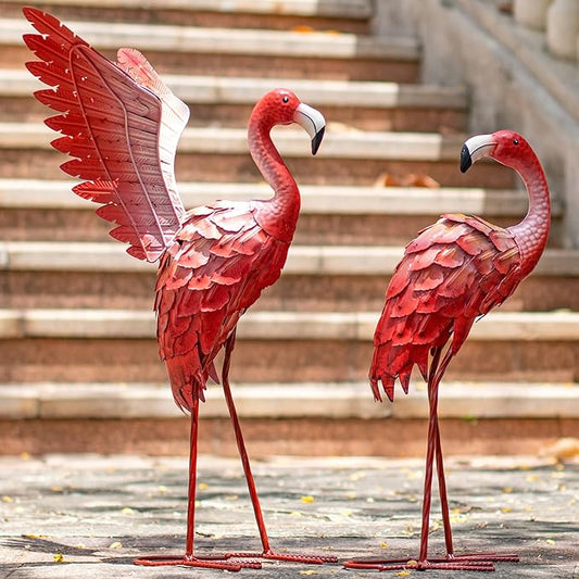 Natelf Flamingo Garden Statues Outdoor Decor, Set of 2 Metal Flamingo Yard Art with Spread & Folded Wings, Weather-Resistant Pink Flamingo Lawn Sculpture for Patio, Backyard - Gift for Women, Mom