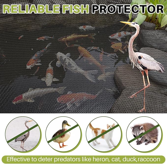 Koi Pond Netting Kit 19.7x30ft, Heavy-Duty Pe, Bird Deer Fence Netting, Durable Net Cover for Leaves, Protect Fish from Blue Heron Bird, Cats & Predators, Stakes & Ties Included