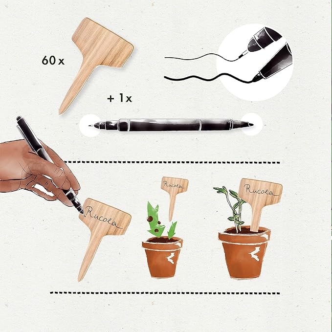 OwnGrown Wooden Plant Tags - 60 Labels and Marker Pen - Wooden Garden Sign for Identification - Seedling Tags for Gardening, Garden Stakes for Potted Plants, Herbs, Vegetables - 4"x2.4"