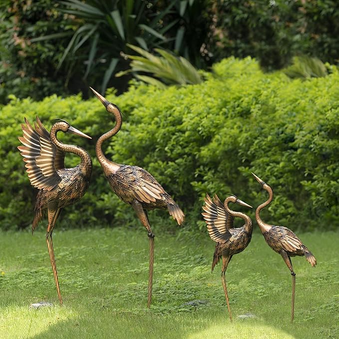 TERESA'S COLLECTIONS Yard Decorations Outdoor Garden Statues, Brass Metal Crane Yard Art, 33-39" Lawn Ornaments for Backyard,Outside Porch,Patio,Heron Decoy Bird Garden Decor,Set of 2,Gifts for Mom