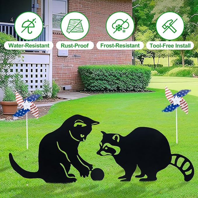 Decorative Garden Stakes, Animal Silhouette Set of 2-12 Inch Rust-Resistant Metal Cat & Raccoon Decor for Outdoor Yard and Lawn