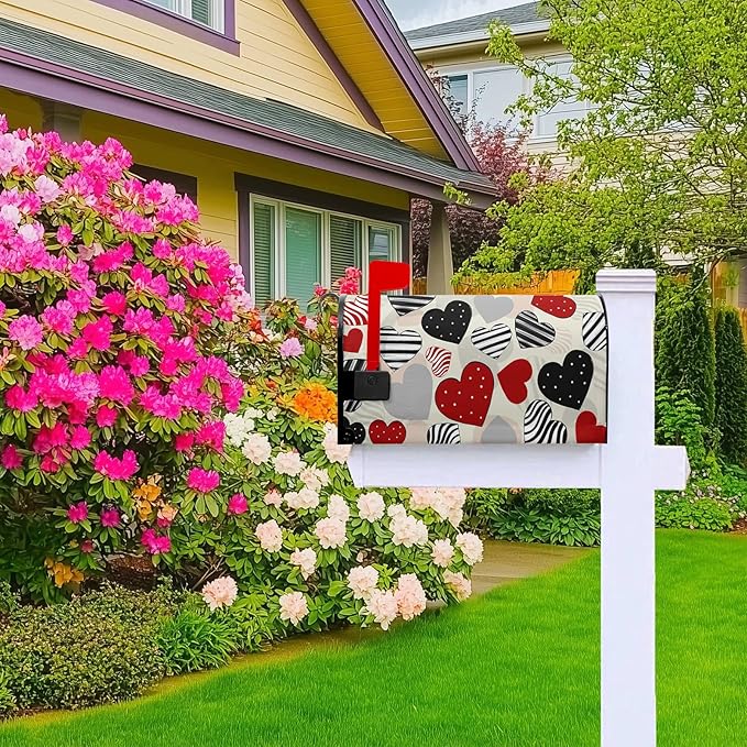 Valentines Day Magnetic Mailbox Covers Standard Size 18 X 21 Black Red Heart Mailbox Post Box Letter Box Cover for Welcome Outdoor Garden Yard Decoration