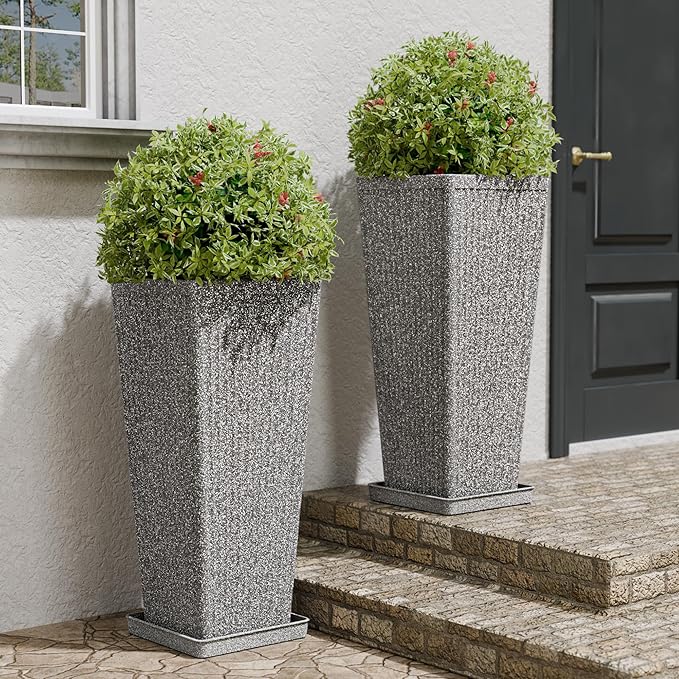 Tapered Tall Planters for Outdoor Plants 2 Pack- 23.6 Inch Heavy-Duty Classic Square Indoor Flower Pots with Drainage Holes/Partition/Tray, Large Outdoor Planters for Porch Patio, Gray