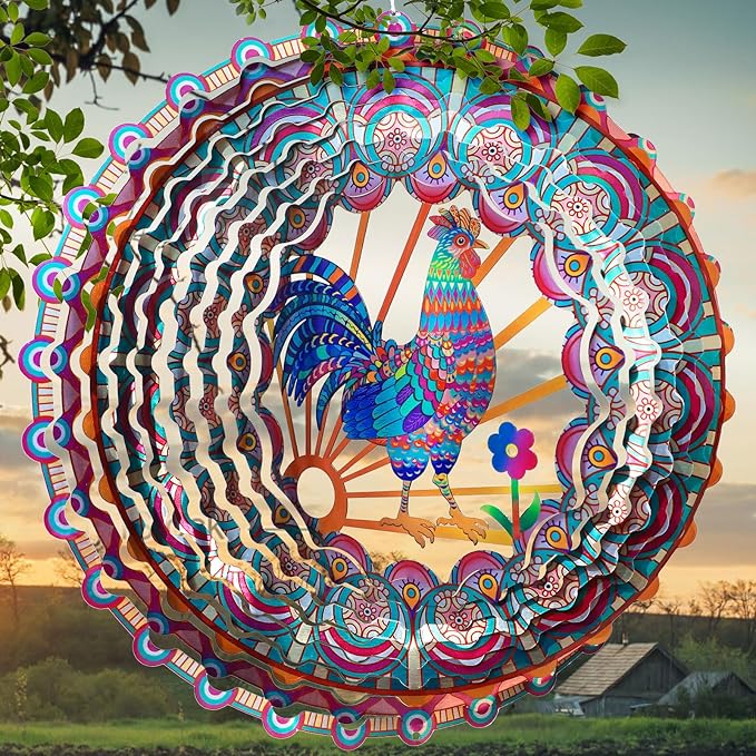 Rooster Wind Spinner - 3D Kinetic Chicken Wind Spinners | 12-Inch Rustproof Metal Hanging Sculpture, Outdoor Garden & Patio Decor, Unique Gifts for Dad, Mom, Men, Women