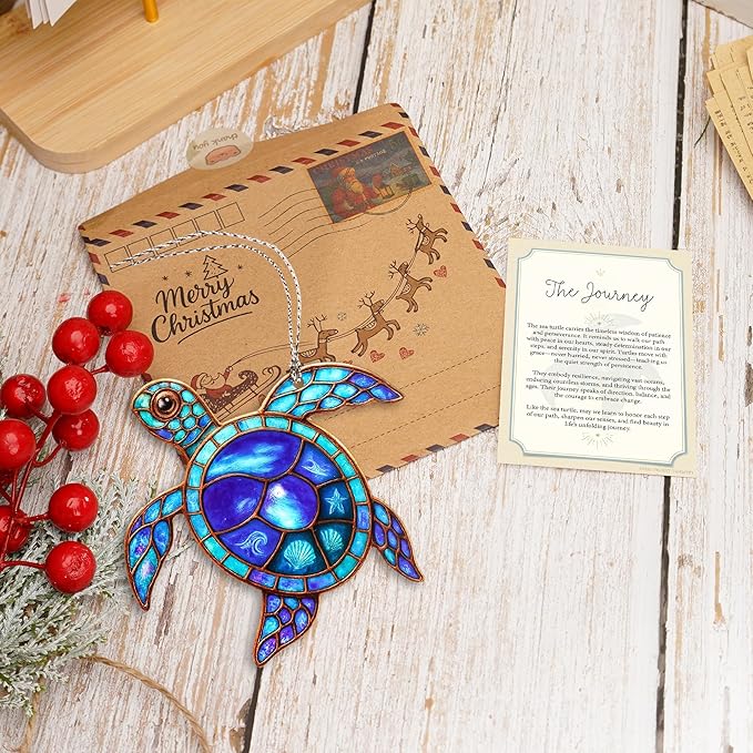 Sea Turtle Gifts for Women - Beach Suncatcher Ornament with Story Card - Turtle Christmas Cards - Beach Gifts for Women - Coastal Christmas Ornaments - White Elephant Presents for Friends