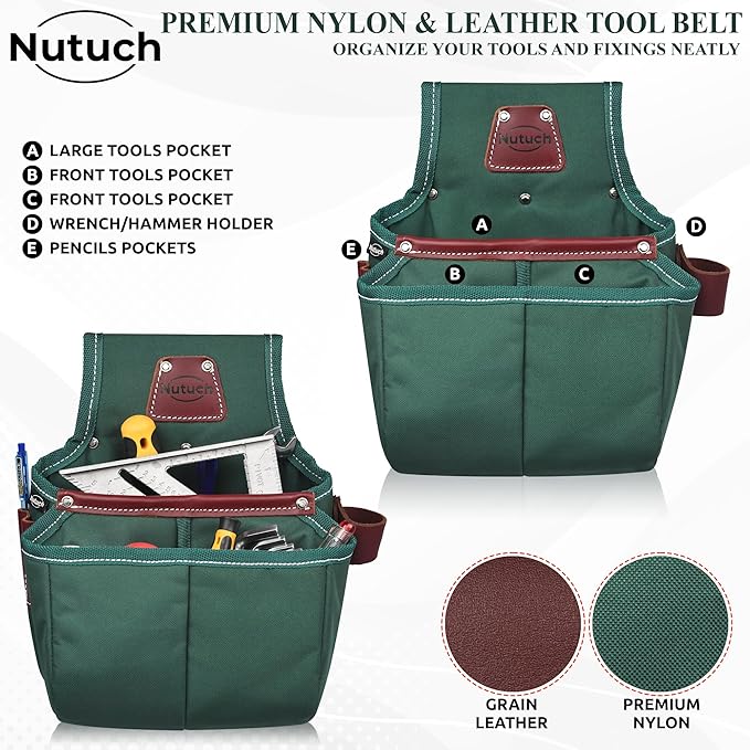 Nylon and Leather Tool Belt | Nylon Tool Pouch | Carpenter | Construction | Framers | Electrician Tool Belts | Drywall Tool Bags (GREEN)