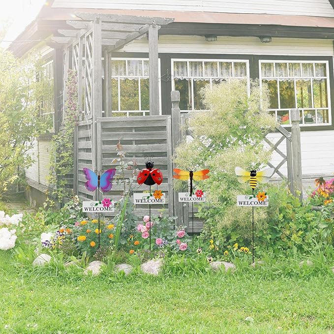 Veclotch Metal Insects Garden Stake,Decorative Yard Stakes Metal Yard Art Ornaments Welcome Sign Outdoor Spring Garden Decor Patio Lawn Porch Pathway Decor (Butterfly Ladybug bee Dragonfly)