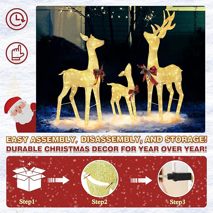 MUPATER Outdoor Christmas Decorations Lighted Deer Family Set Indoor, Christmas Holiday Yard Decor 3-Piece Moose Set for Lawn and Party with Lights, Ground Stakes and Zip Ties, Gold