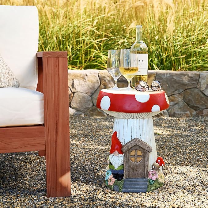 LuxenHome Gnome Garden Statue,17'' Mushroom House Statue, Outdoor Side Table, Plant Stand for Balcony, Gift, Large Garden Ornaments Yard Decor, Fairy House, Patio Side Table, Sculpture, Drum Stool