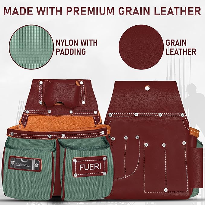 Fueri Electrician's Heavy Duty Tool Belt for Men, Made of Thick Leather and Durable Nylon, Comes with Adjustable Padded Tool Belt, Storage Capacity Tool Pouches, Hammer Holder, And Suspender Loops.