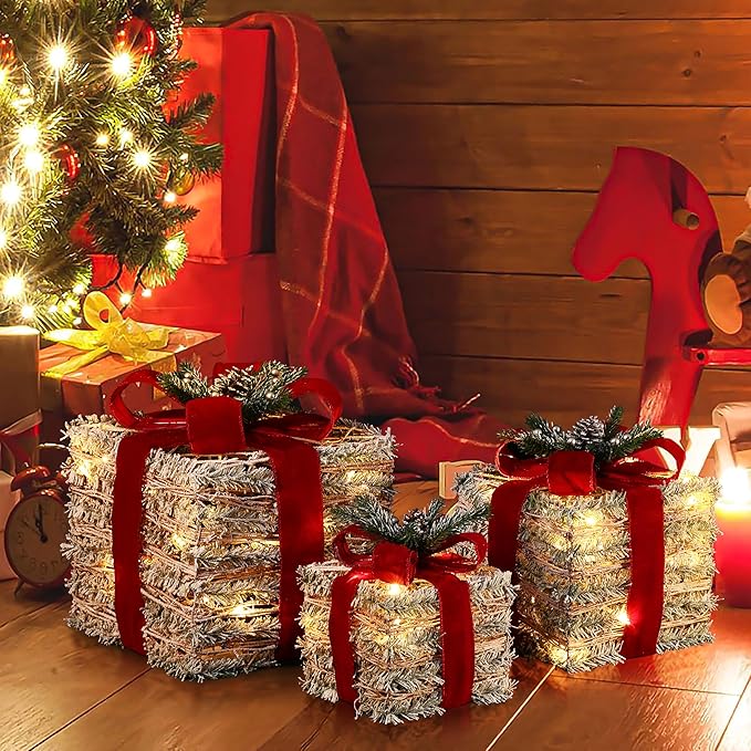 LuxenHome Set of 3 Lighted Gift Boxes, Battery Operated Forsted Faux Cedar Branch Boxes for Xmas, Lawn, Porch, Under Tree Indoor, Outdoor Christmas Decorations