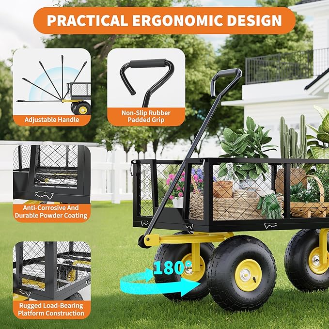 500 Lbs Garden Wagon, 2-in-1 Heavy-Duty Steel Garden Cart, with 10 Inch All-Terrain Tires and Removable Mesh Side Panels, 180° Rotating Handle, Metal Multi-Function Carts, Outdoor Gardens Wagon Cart
