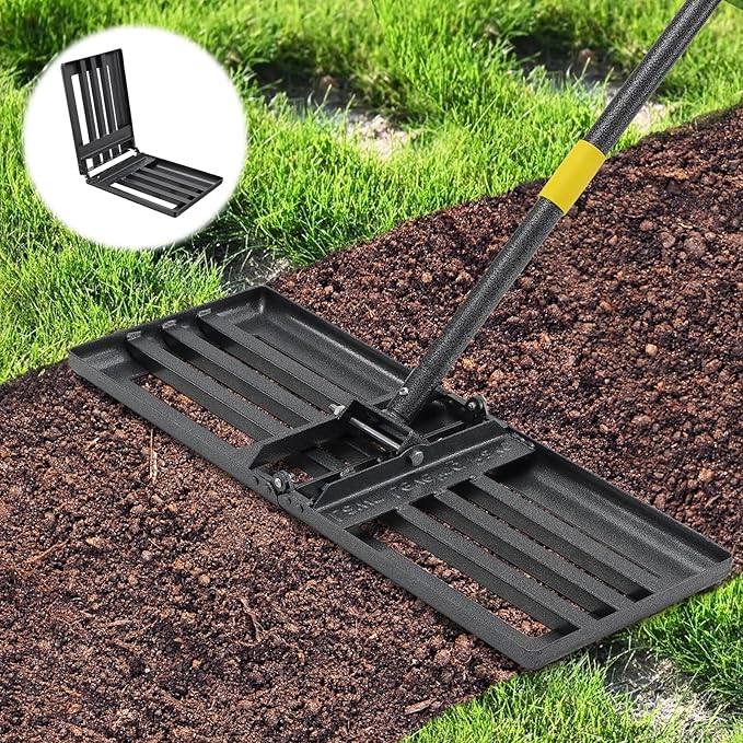 Lawn Leveling Rake, 30x10 Heavy Duty Leveler Tool for Yard, 5FT Garden Rakes for Lawns with Adjustable Handle, Foldable Leveling Rake for Soil Sand