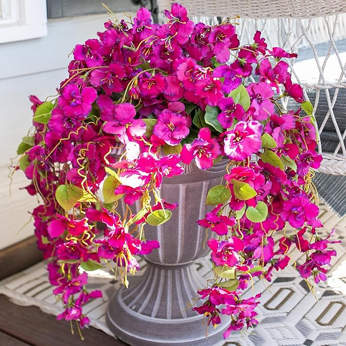 Artificial Hibiscus Fake Hanging Flowers Plants for Outdoors Spring Summer Decor, 4pcs Fuchsia Silk Hibiscus Long Trailing Vines UV Resistant Realistic Faux Flower for Outside Front Door Porch Patio
