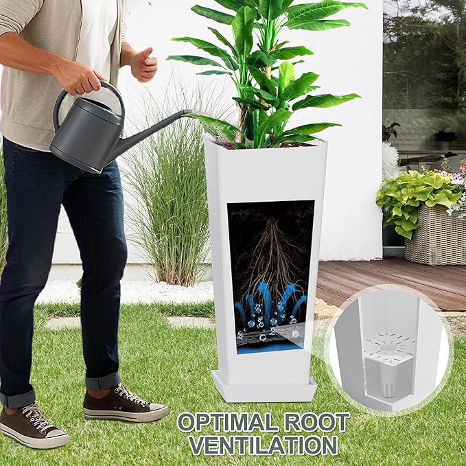 Set of 2 Tall Planters for Outdoor Plants with Drainage Tray, 24" Large Flower Pots for Front Porch Decor, Patio, Garden (White 24")