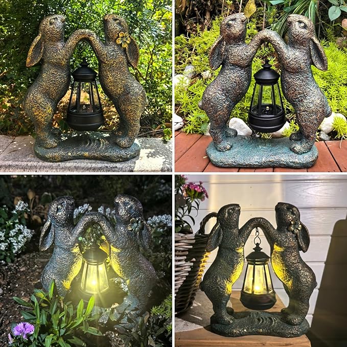 Garden Statues Rabbit with Solar Lantern, Outdoor Bunny Figurines Decorations for Patio Yard Lawn Ornaments, Gifts for Mom/Grandma Birthday Easter Housewarming