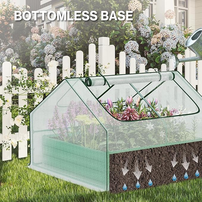 Aoodor 4 x 4 x 1 ft Galvanized Raised Garden Bed, Mini Greenhouse Kit with 2 Roll-up Zipper Doors for Vegetables, Flowers, and Herbs, White