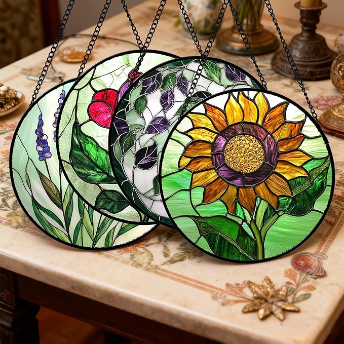 Stained Glass Window Hanging 4 Pcs Set Red Roses Yellow Sunflowers 6.3" - Flower Suncatcher Door Garden Sun Catcher Decor Birthday Mother's Day for Mom Woman Nana Girl