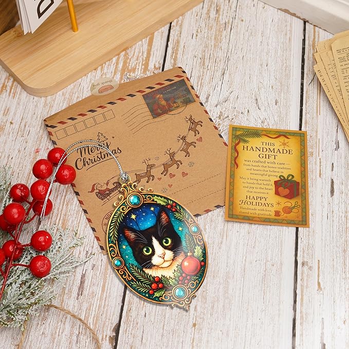 Cat Ornament – Tuxedo Cat Decor – Pet Lover Ornament – Holiday Tree Decoration – Suncatcher Effect Stained Glass Window Hanging – Car Hanging