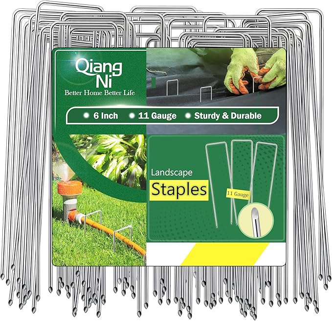 Qiang Ni Garden Stakes Adjustable-Width: 6 Inch U-Shaped Landscape Staples 11 Gauge - Hot-dip Galvanized Steel Outdoor Decoration Anchors SOD Pins for Yard Tent Fence Ground Stakes - 100 Pack