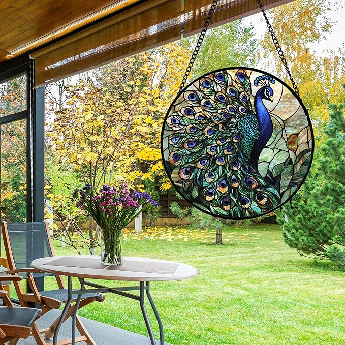 Stained Glass Window Hanging, Blue Green Peacock Decor Suncatcher for Door Garden Home Decoration Bird Sun Catchers Christmas Mother's Day Birthday Gifts for Women Men Mom Nana Friend 11.8 in
