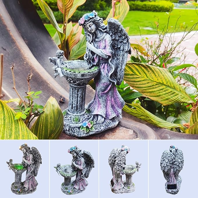 Solar Outdoor Figurine Lights Gnome Garden Decor Statue with LED Lantern, Glowing Fairy Yard Decorations for Outside Patio Yard Front Porch, Housewarming Home Decor Gifts Thanksgiving (Pink Angel)