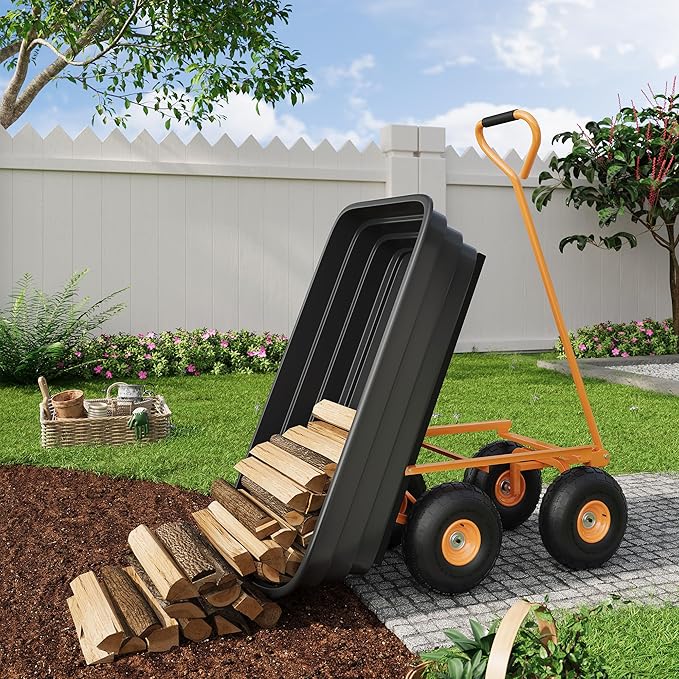 Garden Dump Cart, 4 Cu.Ft. 600Lbs Garden Cart, Heavy-Duty 4 Wheel Wheelbarrow Yard Cart with 10-Inch All-Terrain Wheels, Features A Quick-Release Tipping Function, for Courtyards, Farm, Gardening