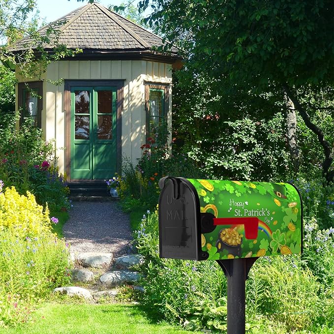 St Patrick Mailbox Covers Green Shamrocks Rainbow Gold Coin Magnetic Mailbox Post Cover Four Leaf Clover Hat Mailbox Wraps Decor Happy St.Patrick's Day Waterproof Standard Size 21X18 inch