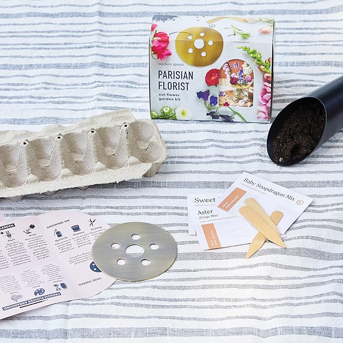 Modern Sprout Travel Trio Parisian Flower Shop; Travel-Inspired Seed Kit with Brass Flower Frog, Organic Seed Starting; Gardening Gift