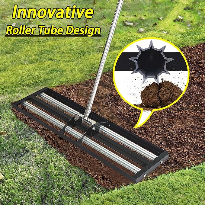 17"x10"Lawn Leveling Rake with Aluminum Rollers, Stainless Steel Yard Lawn Leveler Tool with Adjustable Long Handle, Yard Leveling Rake Suit, Levelawn Tool for Soil, Grass, Golf Course, Garden, Farm
