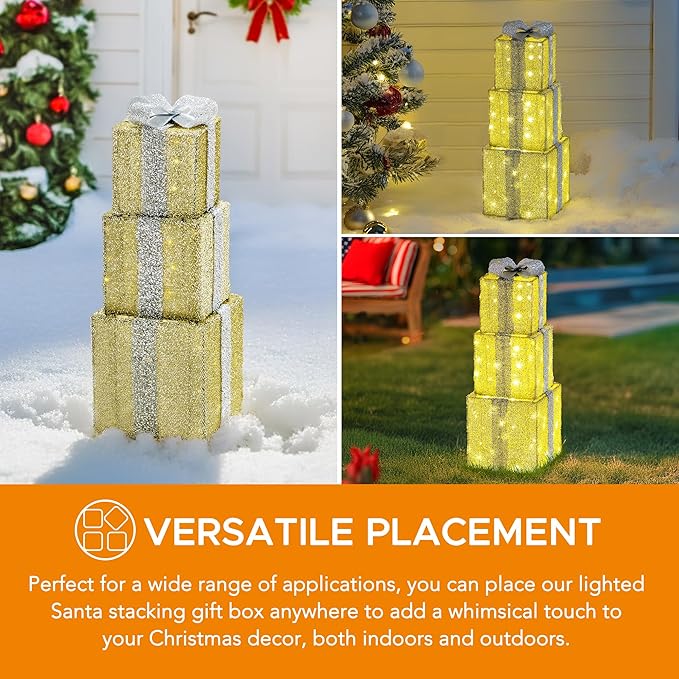 SUNJOY Large Christmas Decoration 2.8 FT Inch Illuminated Stacking Gift Box, 3D Tinsel Santa Stacking Gift Box Outdoor Garden Yard Lawn Festive Holiday Decoration with Lights for Indoor & Outdoor
