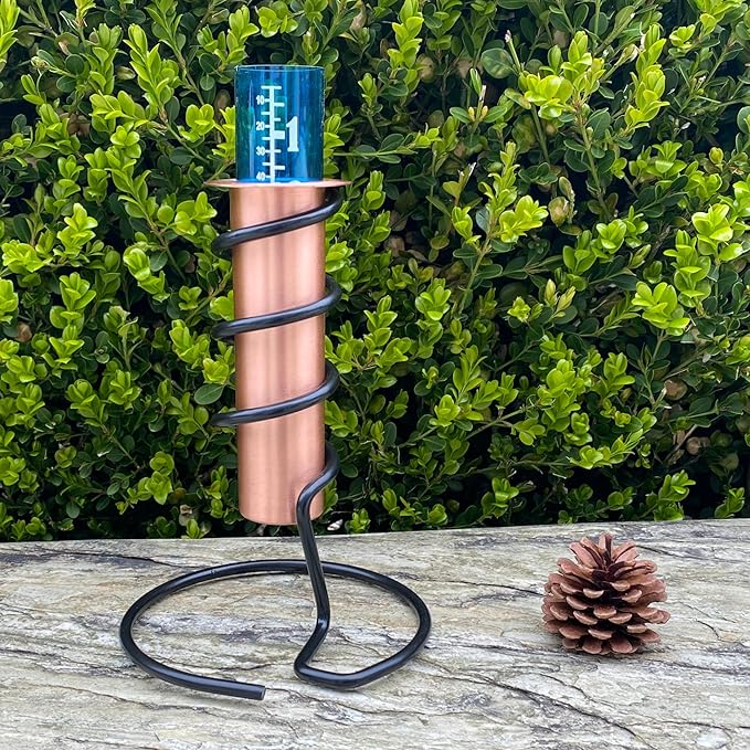 WCRG Copper Rain Gauge for Yard, Freestanding Steel Base - Outdoor Sprinkler Gauges, Shatterproof, Winter-Safe, Accurate, Decorative - The Original Floating Rain Gauge, USA Assembled & Designed