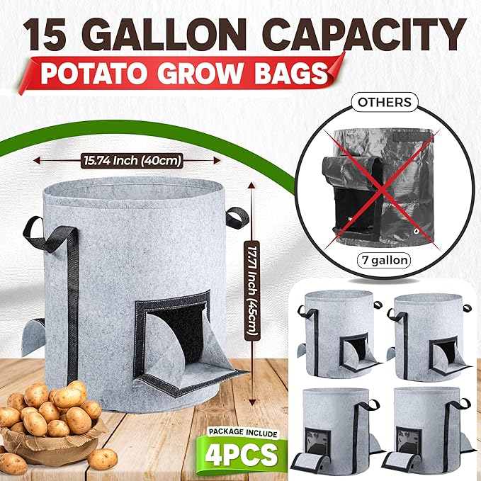[Upgraded] 4Pcs 15-Gallon Potato Grow Bags with Unique Harvest Window, Visible Window, Garden Planting Bag with Reinforced Handle, Nonwoven Fabric Pots for Tomato, Potato Growing Container - Grey